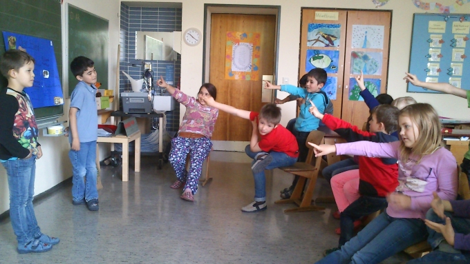 Nach dem Vortrag vor der Klasse stellt das Referatsteam Fragen, die die Zuhörer beantworten. Auch zum Inhalt und zur Präsentation geben die Kinder sich gegenseitig Rückmeldung.